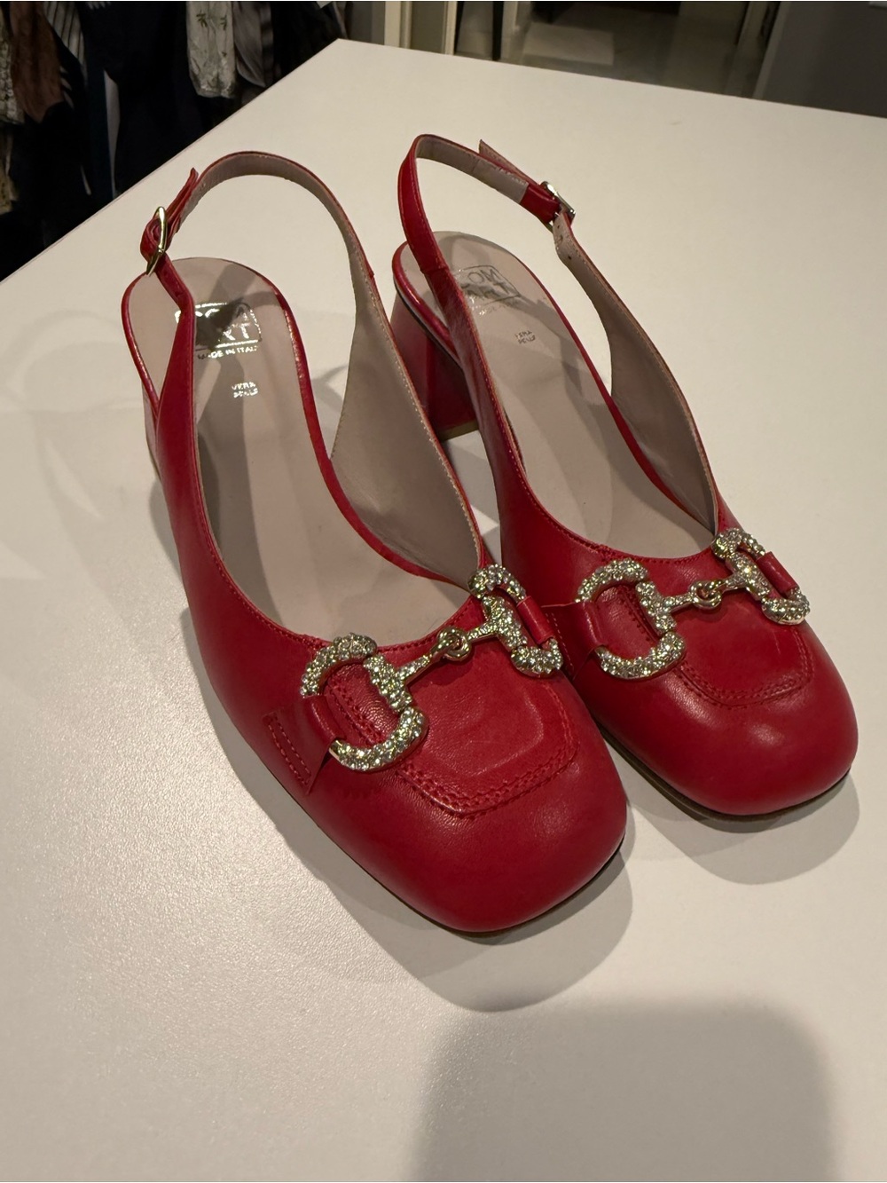 Red Crystal-Embellished Slingback Block Heel Mules
